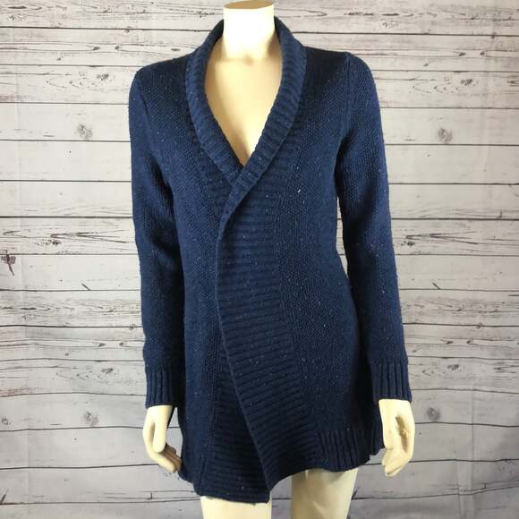 L.L Bean Blue Speckled Chunky Knit shawl collar open front Cardigan size small - Picture 7 of 12